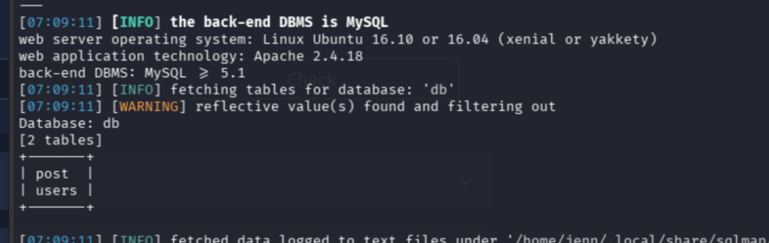 SQLMap listing tables in the db database